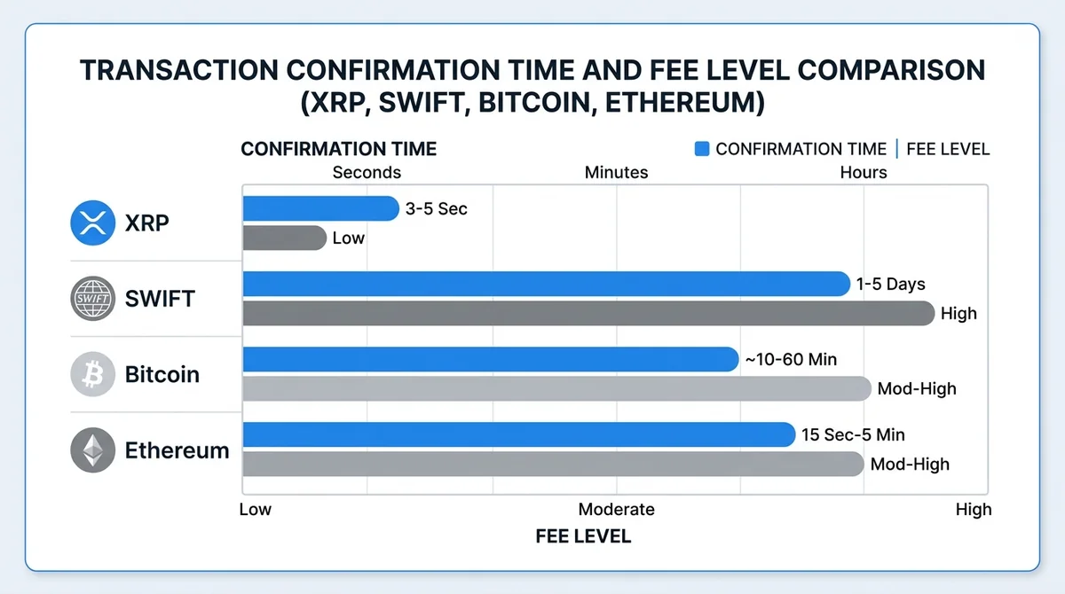Wide 16:9 horizontal bar chart, comparing transaction confirmation time and fee level of XRP, SWIFT, Bitcoin, and Ethereum, c