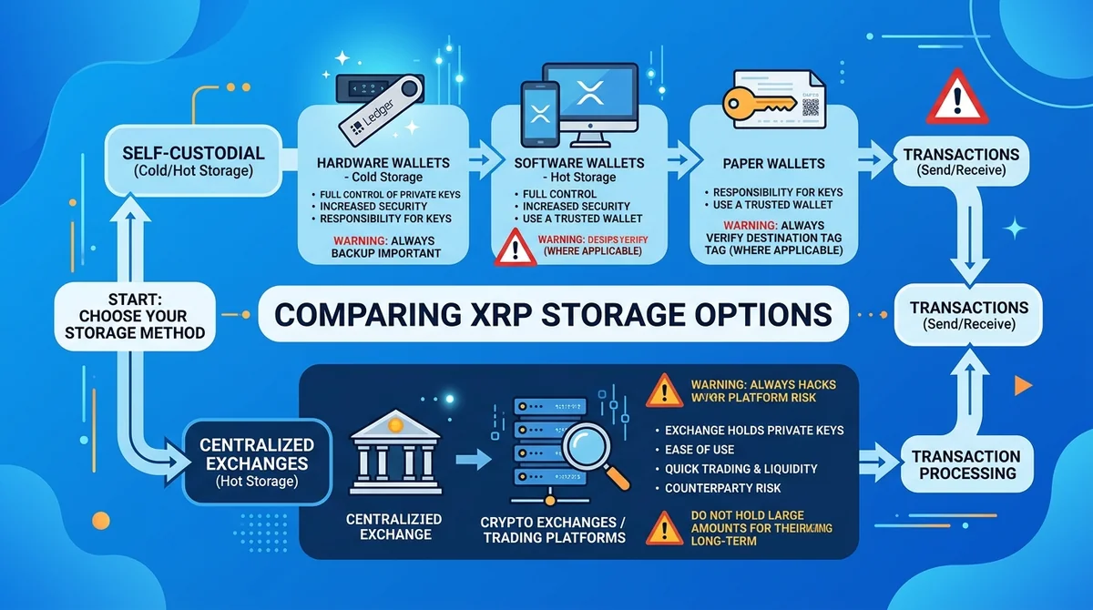 Wide 16:9 horizontal infographic, flow diagram comparing XRP storage options, two branches (self-custodial and exchange), ico