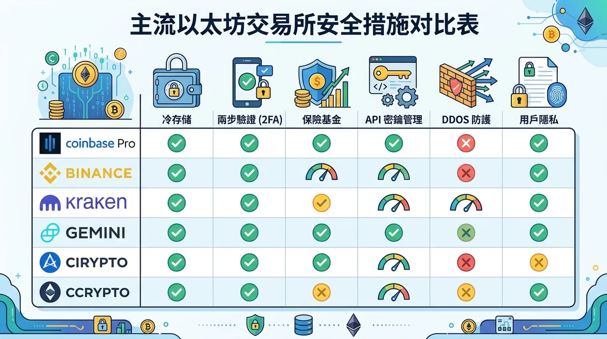 主流以太坊交易所安全措施对比表:冷存储、两步验证、保险基金等