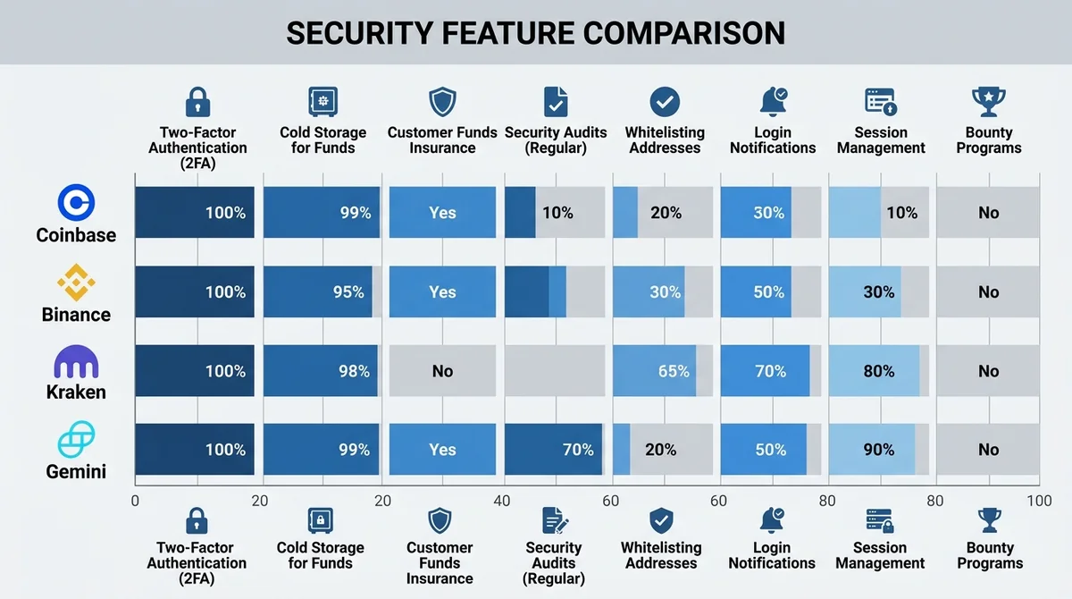 Wide 16:9 horizontal bar chart comparing security features of four Ethereum exchanges, clean flat design, blue and gray color