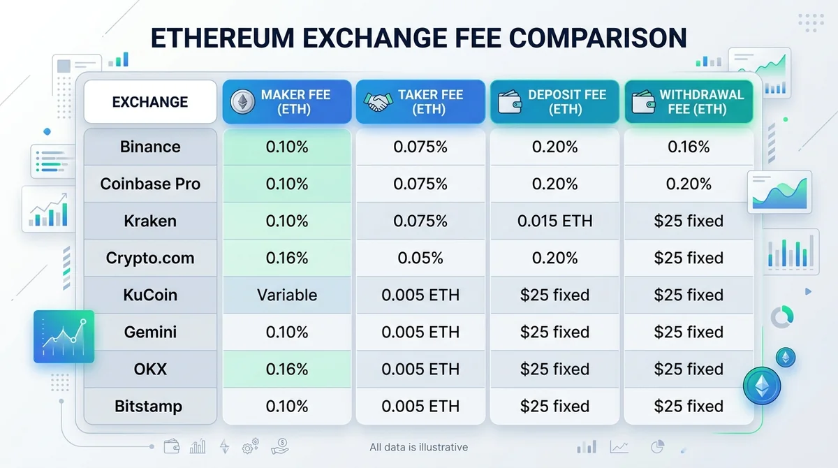 Wide 16:9 horizontal table comparing Ethereum exchange fees, clean table design, English column headers and row labels, title