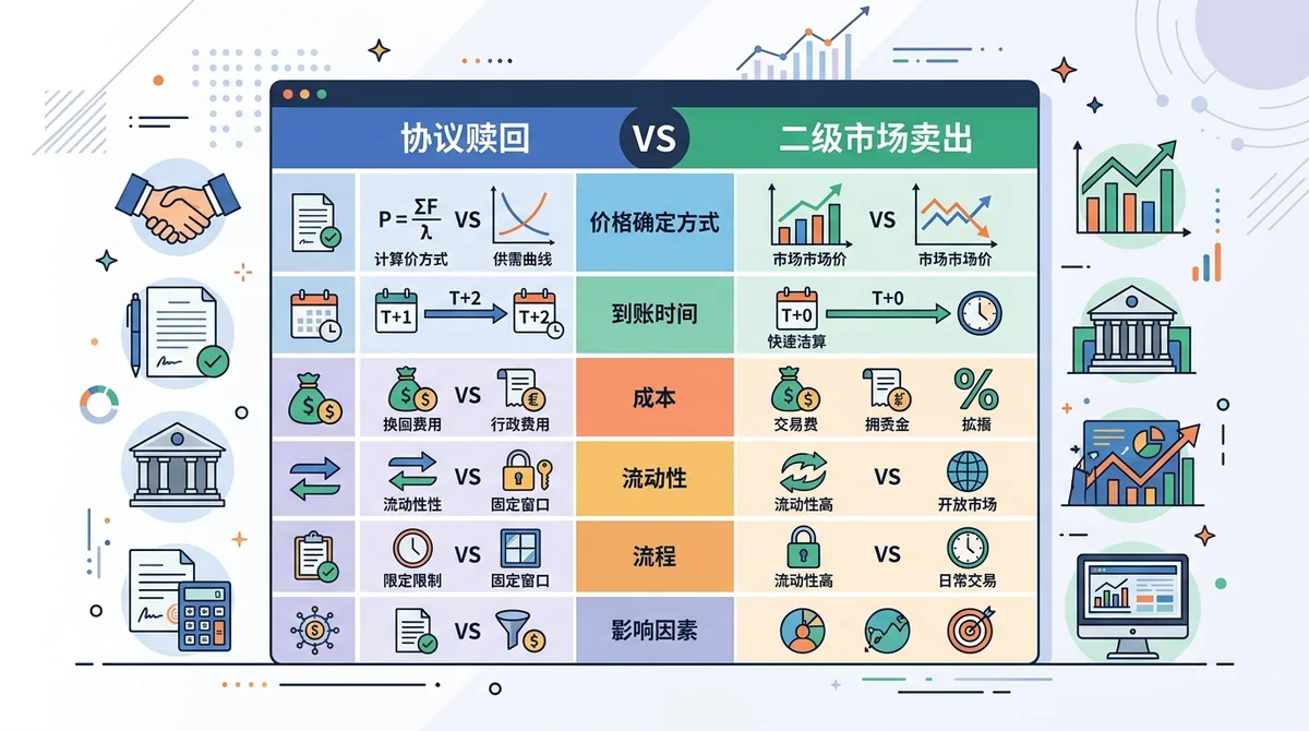 协议赎回与二级市场卖出的关键维度对比表,包含价格确定方式、到账时间、成本、流动性等