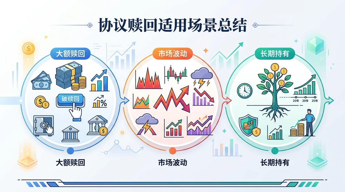 协议赎回适用场景总结图:大额赎回、市场波动、长期持有等场景的图标和要点