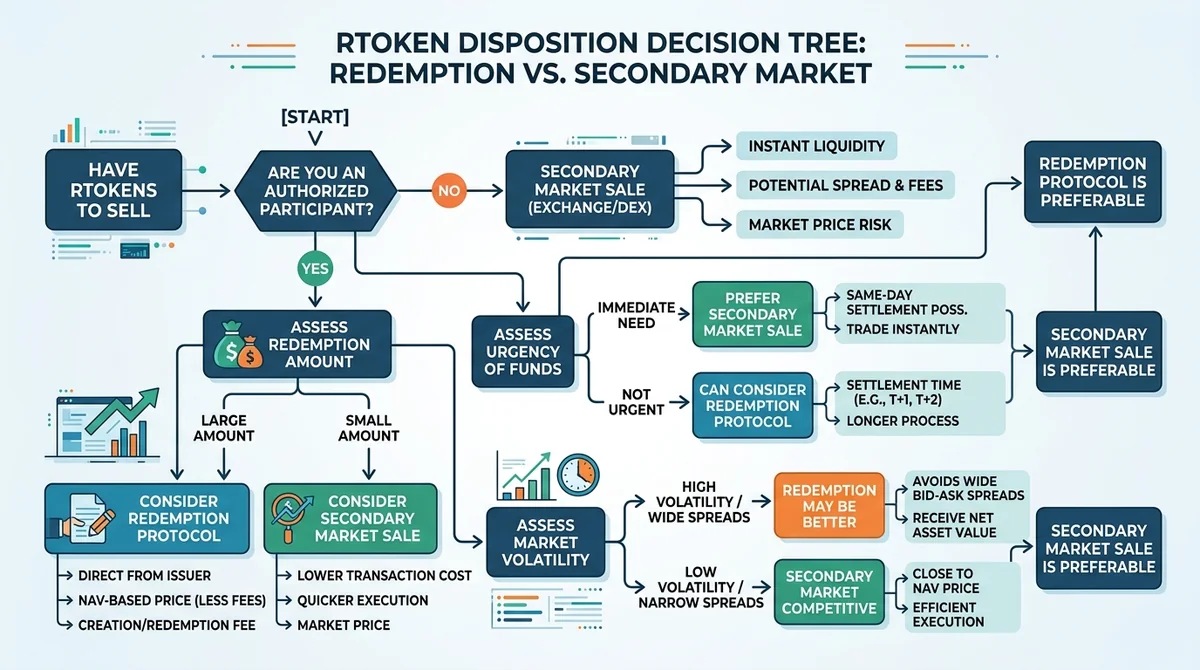 Wide 16:9 horizontal flowchart, decision tree for choosing RToken protocol redemption or secondary market sale, branches for