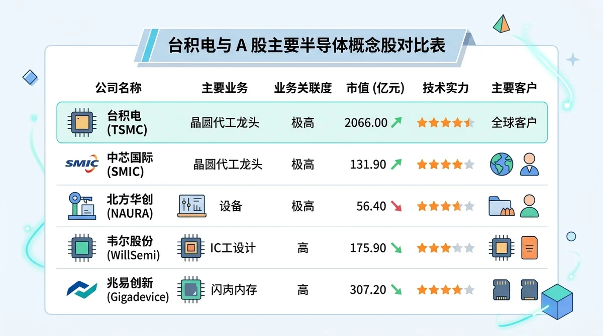 台积电与A股主要半导体概念股对比表,展示公司名称、业务关联度、市值等关键信息