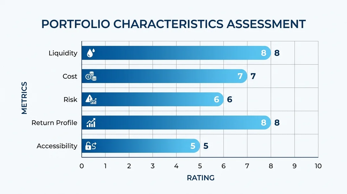Horizontal bar chart, five bars labeled Liquidity, Cost, Risk, Return Profile, Accessibility with values 8, 7, 6, 8, 5 respec