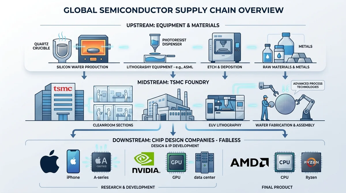 Flat design infographic, three horizontal layers representing upstream equipment and materials, midstream TSMC foundry, and d