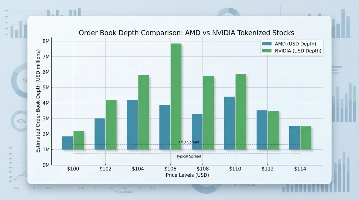 Bar chart comparing estimated order book depth (in USD) for AMD and NVIDIA tokenized stocks across different price levels, wi