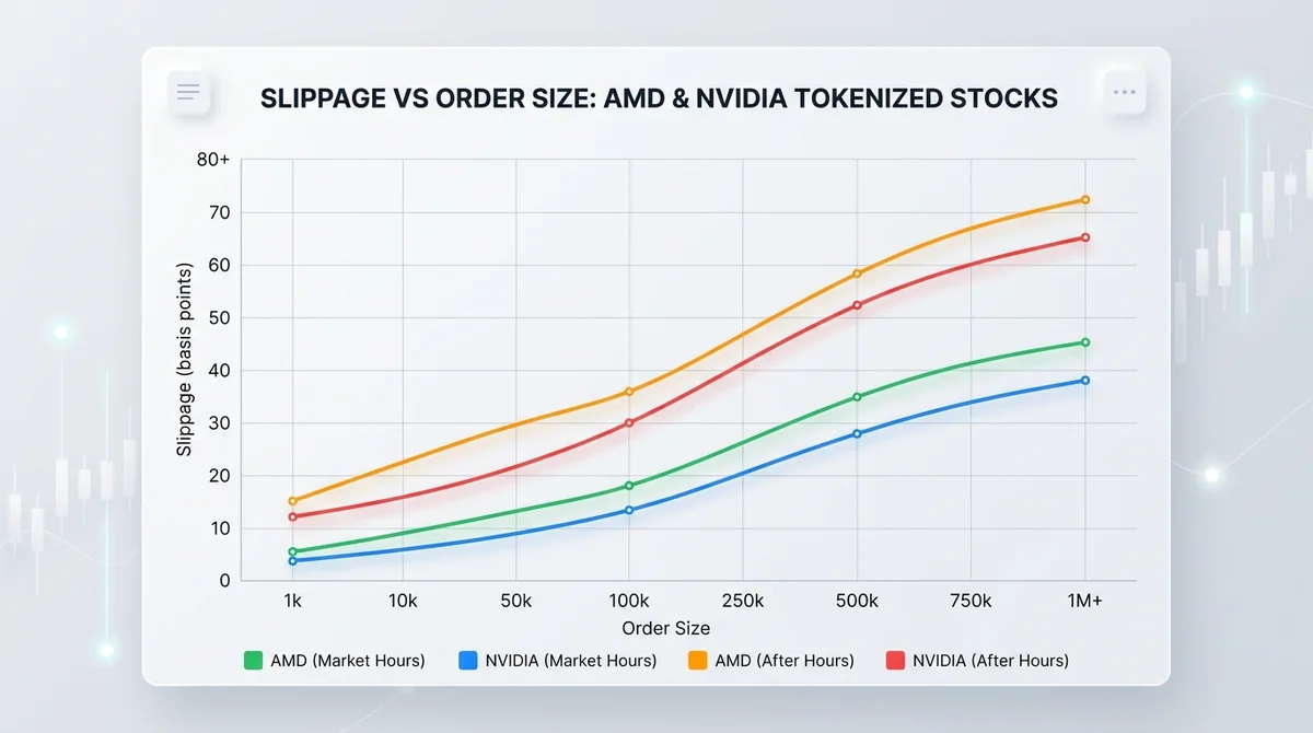 Line chart showing slippage (in basis points) vs order size for AMD and NVIDIA tokenized stocks, with separate lines for duri