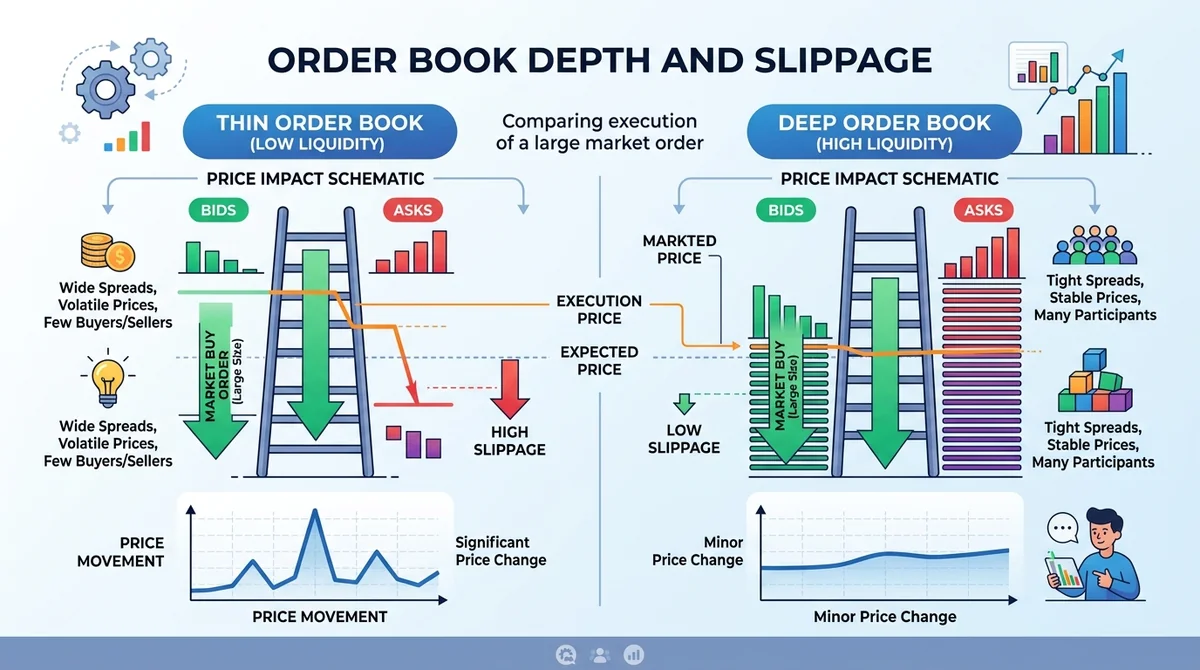 Vertical infographic explaining how order book depth affects slippage, showing thin vs deep order book diagrams with correspo