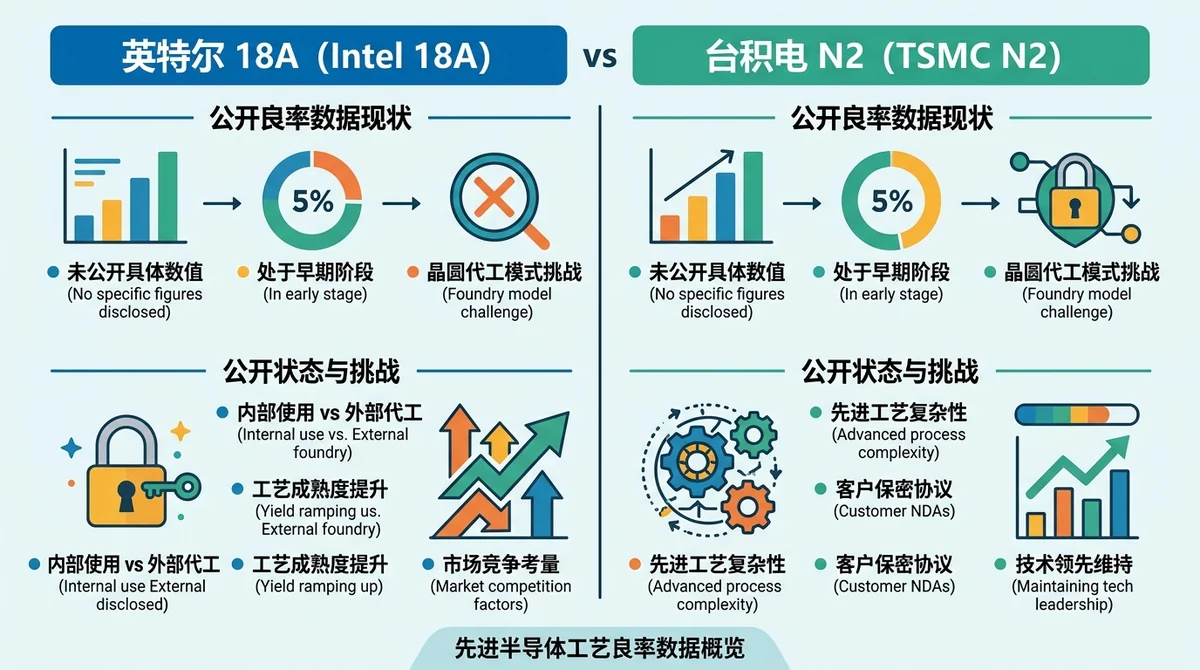 英特尔 18A 与台积电 N2 公开良率数据现状对比图，标注数据公开状态与挑战