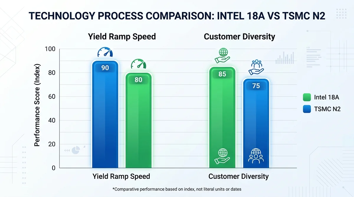 Bar chart comparing yield ramp speed and customer diversity for Intel 18A and TSMC N2, grouped bars with clear legend, Englis