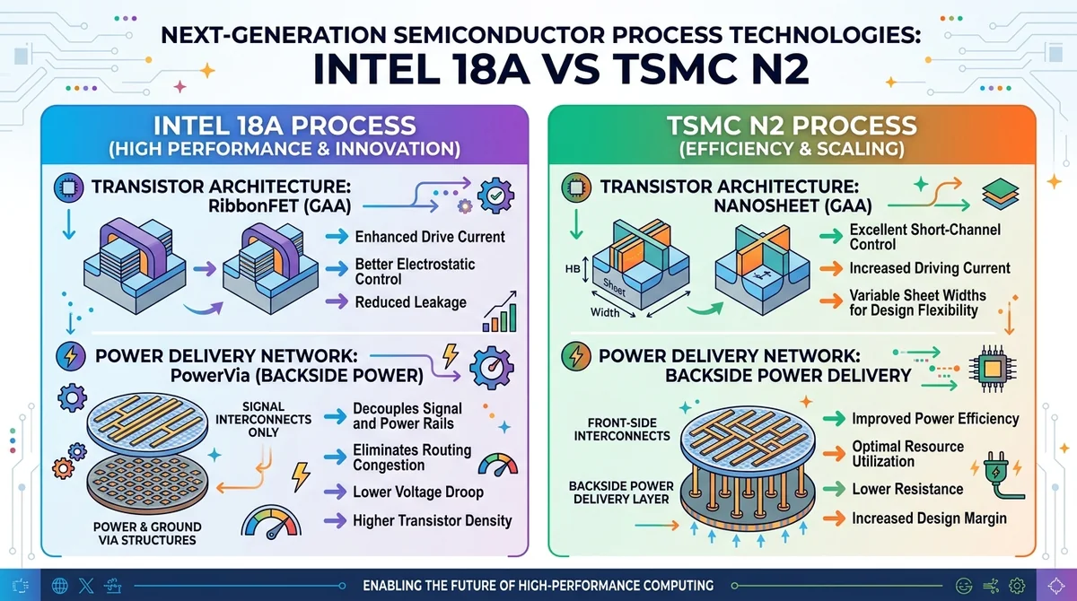 Infographic with two columns: Intel 18A (RibbonFET + PowerVia) and TSMC N2 (nanosheet, backside power later), flow arrows and