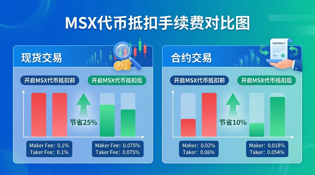 MSX代币抵扣手续费对比图:展示开启MSX代币抵扣前后的费率对比,分现货与合约两组,每组包含原始费率与折扣后费率的并排柱状图,并标注节省百分比(25% / 10%)