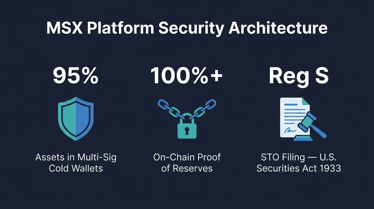 Wide 16:9 horizontal infographic, 1200x630px. Bold English title at top: 'MSX Platform Security Architecture'. Three equal co