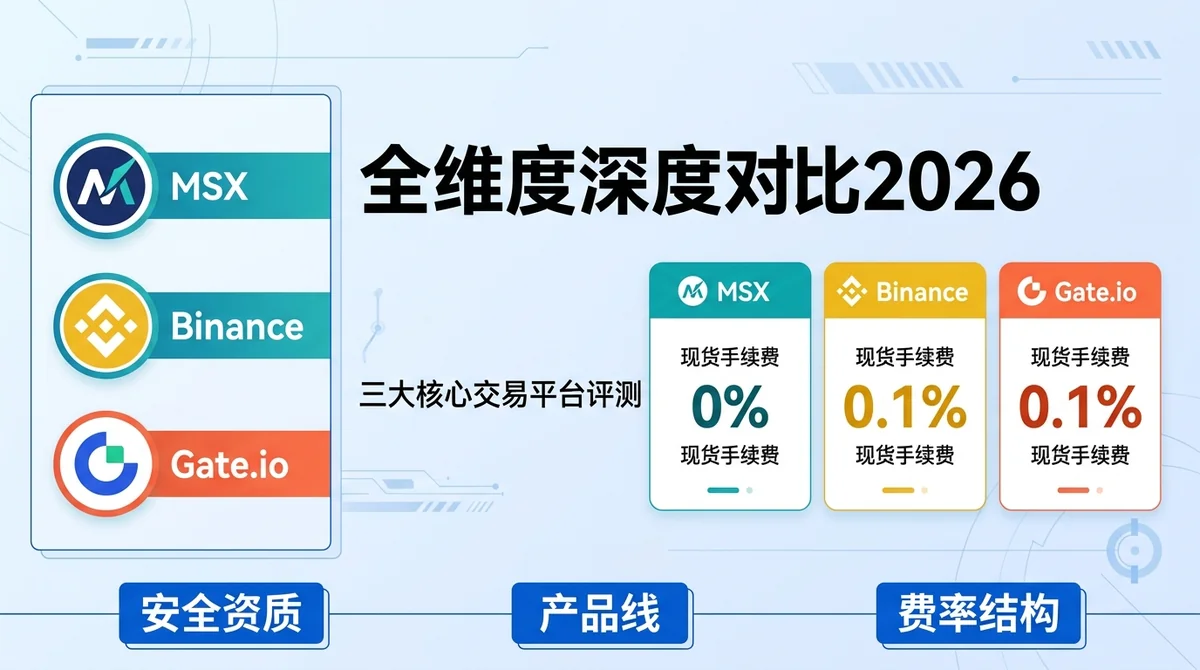 MSX vs Binance vs Gate.io 交易所全维度深度对比2026：安全资质、产品线与费率结构谁更胜一筹