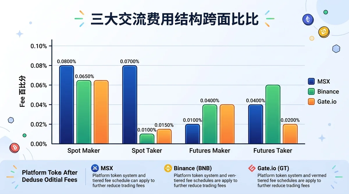 三大交易所费率结构横向对比图:分组柱状图,X轴为费率类型(现货maker、现货taker、合约maker、合约taker),Y轴为费率百分比,三组颜色分别代表MSX/Binance/Gate.io,每柱顶部标注具体数值,并在图下方附注平台币抵扣后最优
