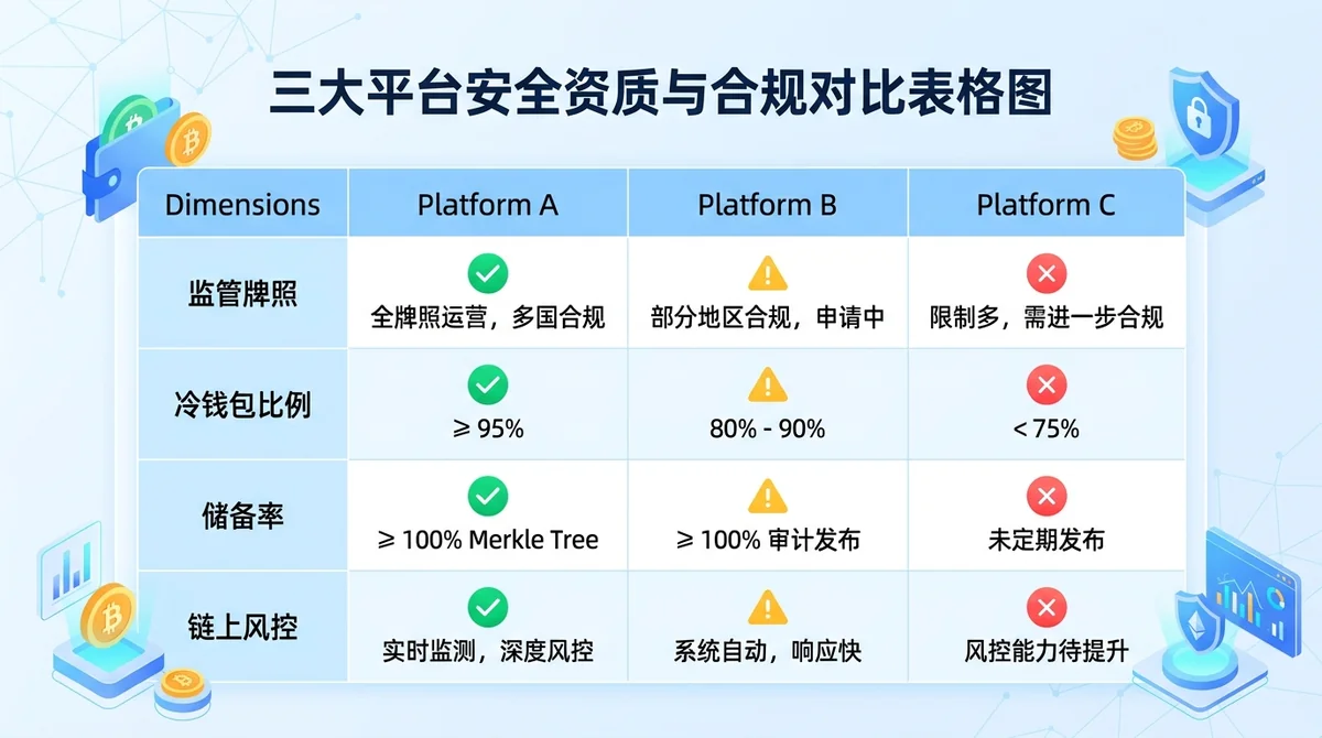 三大平台安全资质与合规对比表格图:行为三平台,列为监管牌照、冷钱包比例、储备率、链上风控四个维度,用绿色✓/黄色△/红色✗标注各项达标情况,并在单元格内标注关键数据