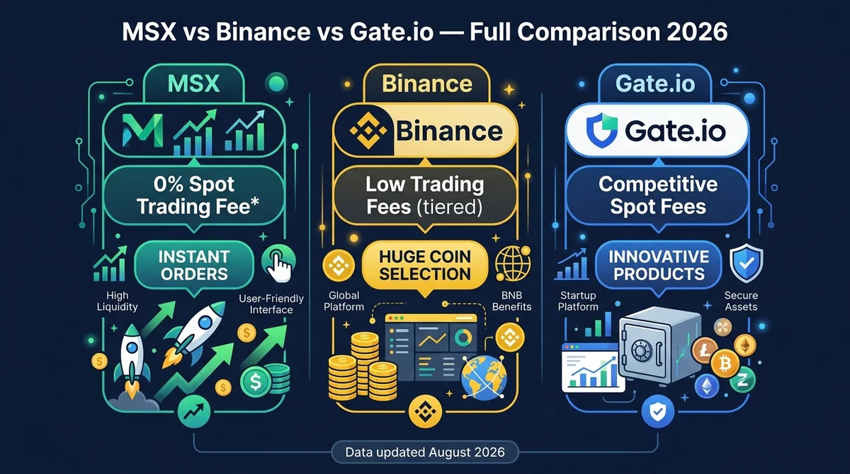 MSX vs Binance vs Gate.io Exchange Full Comparison 2026: Security, Product Lines & Fee Structures