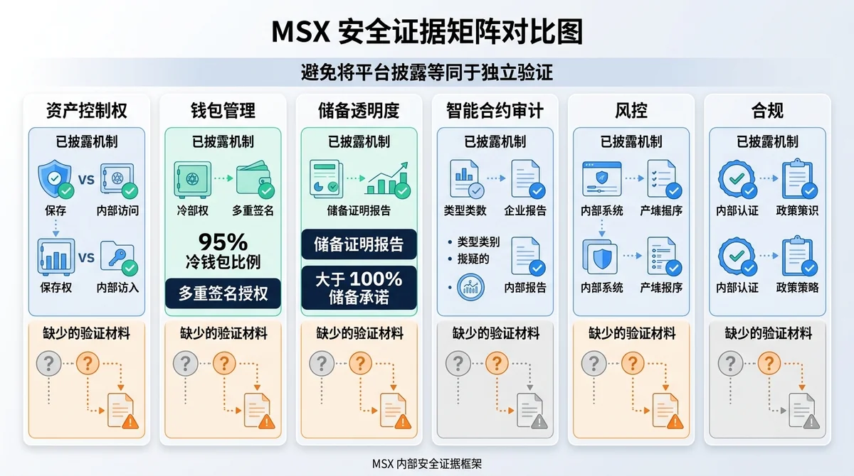 MSX安全证据矩阵对比图，按资产控制权、钱包管理、储备透明度、智能合约审计、风控和合规六个维度，对照展示已披露机制与输入中缺少的验证材料；图中明确标注95%冷钱包比例和大于100%储备承诺，避免将平台披露等同于独立验证。