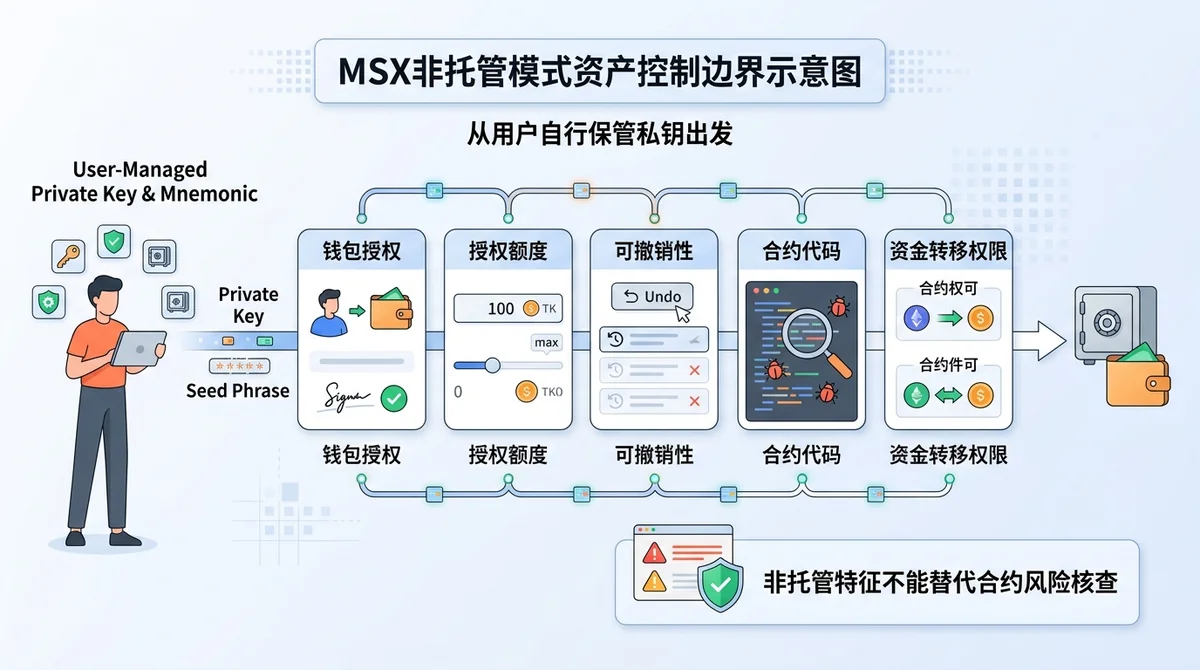 MSX非托管模式资产控制边界示意图，从用户自行保管私钥和助记词出发，连接至钱包授权、授权额度、可撤销性、合约代码和资金转移权限五项检查，说明非托管特征不能替代合约风险核查。