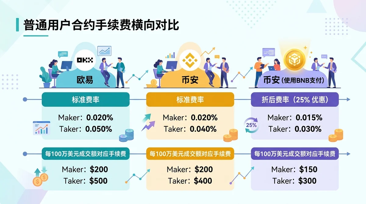 普通用户合约手续费横向对比图:展示欧易与币安标准Maker和Taker费率,以及币安使用BNB支付后的折后费率;同时标注每100万美元成交额对应的手续费。