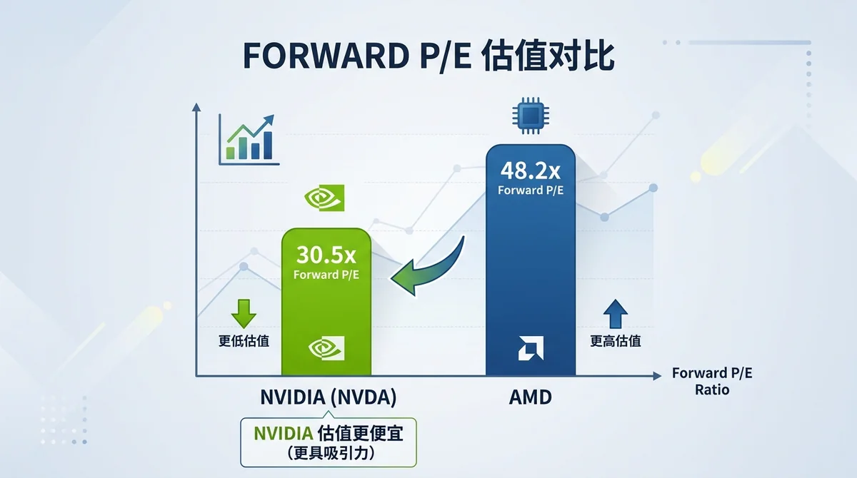 Forward P/E 估值对比图，显示 Nvidia 的 forward P/E 低于 AMD，突出 Nvidia 估值更便宜