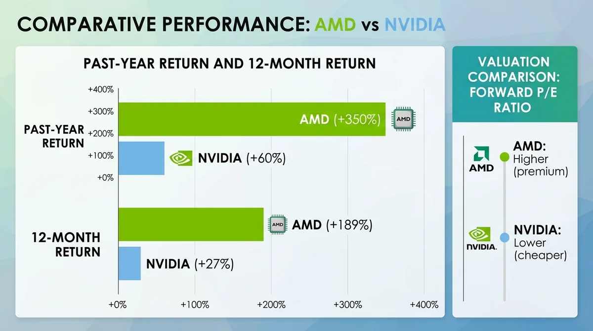 Wide 16:9 horizontal bar chart comparing AMD and Nvidia stock metrics. Grouped bars for past-year return and 12-month return: