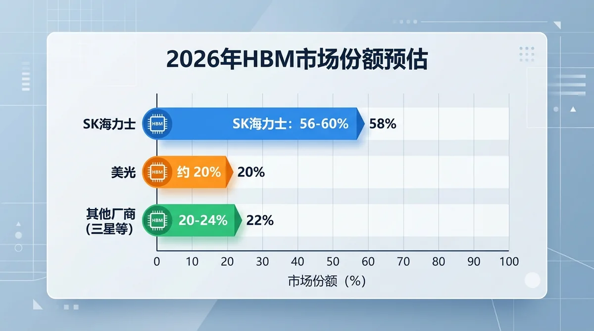 柱状图展示 2026 年 HBM 市场份额：SK 海力士约 56-60%，美光约 20%，其他厂商（三星等）约 20-24%