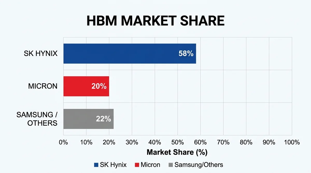 Wide 16:9 horizontal bar chart comparing HBM market share, SK Hynix bar 56-60%, Micron bar around 20%, Samsung/others remaini