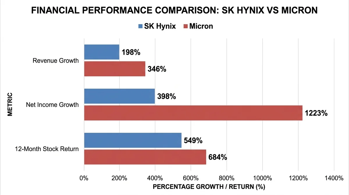 Wide 16:9 horizontal grouped bar chart comparing three metrics for SK Hynix and Micron: revenue growth 198% vs 346%, net inco