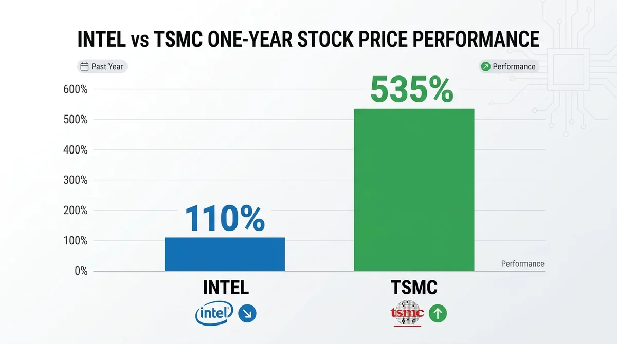 Intel 与 TSMC 过去一年股价涨幅对比柱状图，直观展示 535% vs 110% 的差距