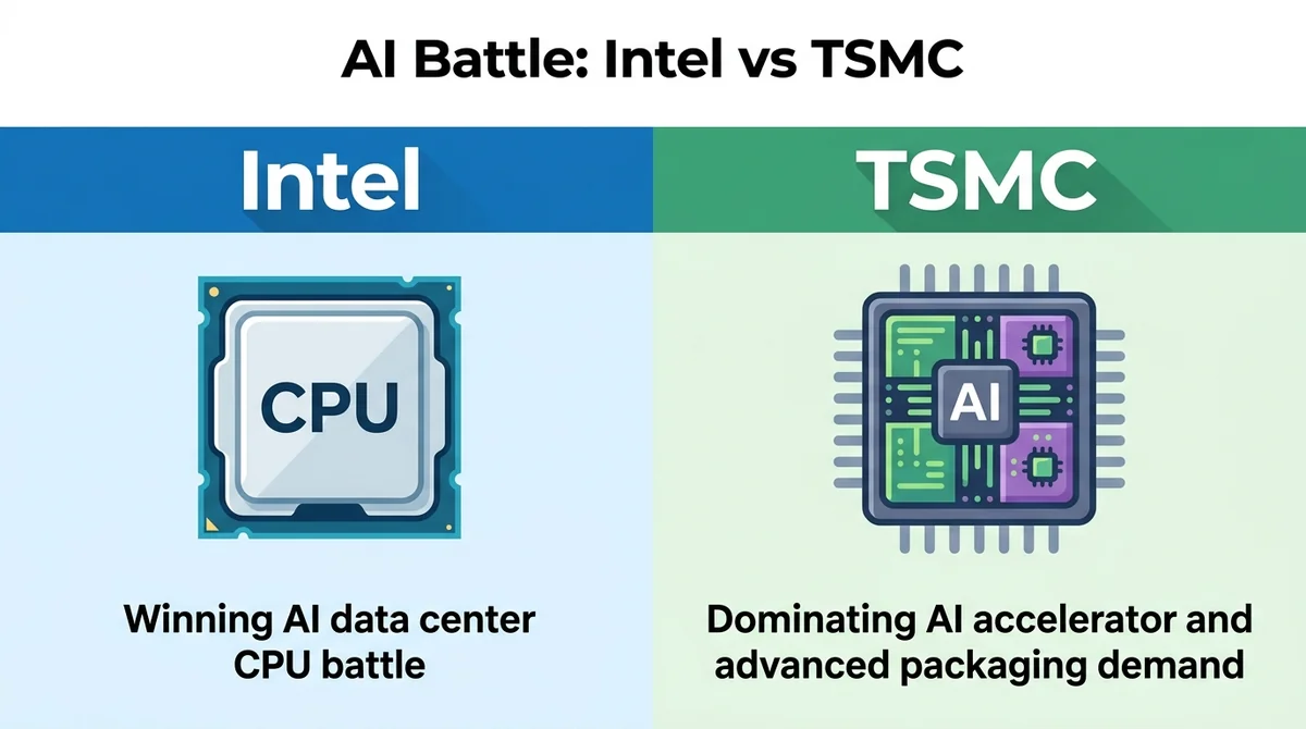 Wide 16:9 horizontal infographic with two columns: left column labeled Intel with CPU icon and text 'Winning AI data center C