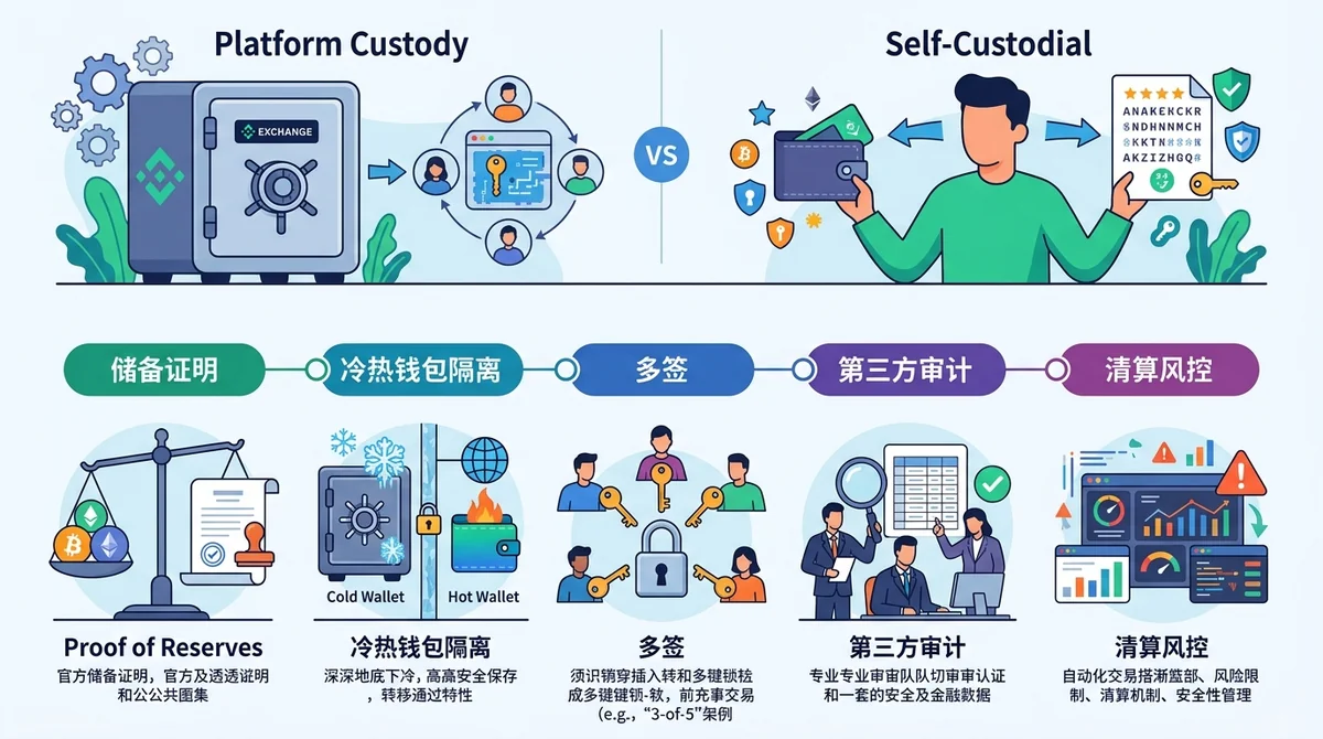 加密交易所资产安全与托管模式信息图,对比平台托管与用户自行保管私钥或助记词,并展示储备证明、冷热钱包隔离、多签、第三方审计和清算风控等核验项目。