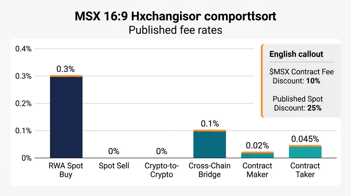 Wide 16:9 horizontal English comparison chart for published MSX crypto exchange fee rates. Create a clean horizontal bar char