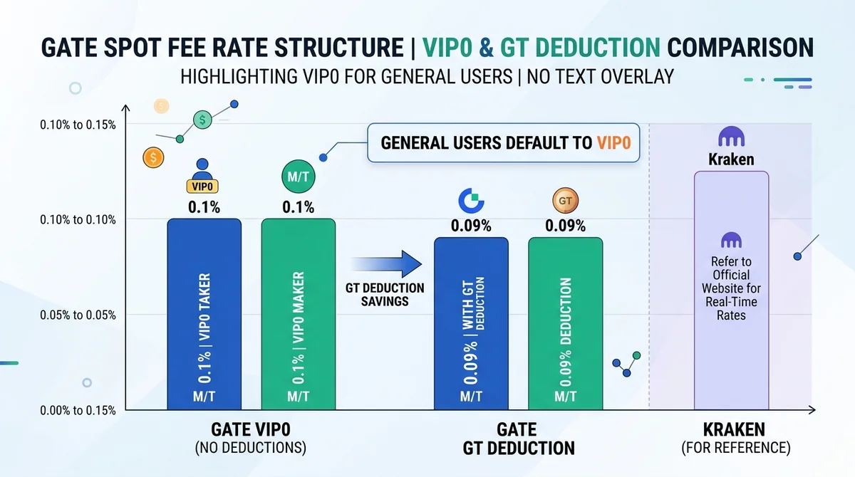 Gate现货费率结构条形图：展示VIP0 Maker/Taker 0.1%以及GT抵扣后0.09%的对比，Kraken一侧标注'以官网实时费率为准'，突出普通用户默认VIP0