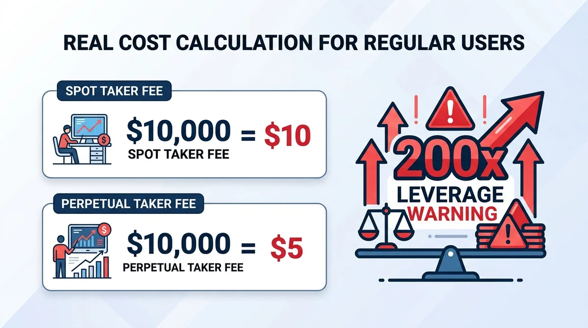 Wide 16:9 horizontal infographic, left side shows calculation boxes: $10,000 spot taker fee = $10, $10,000 perpetual taker fe