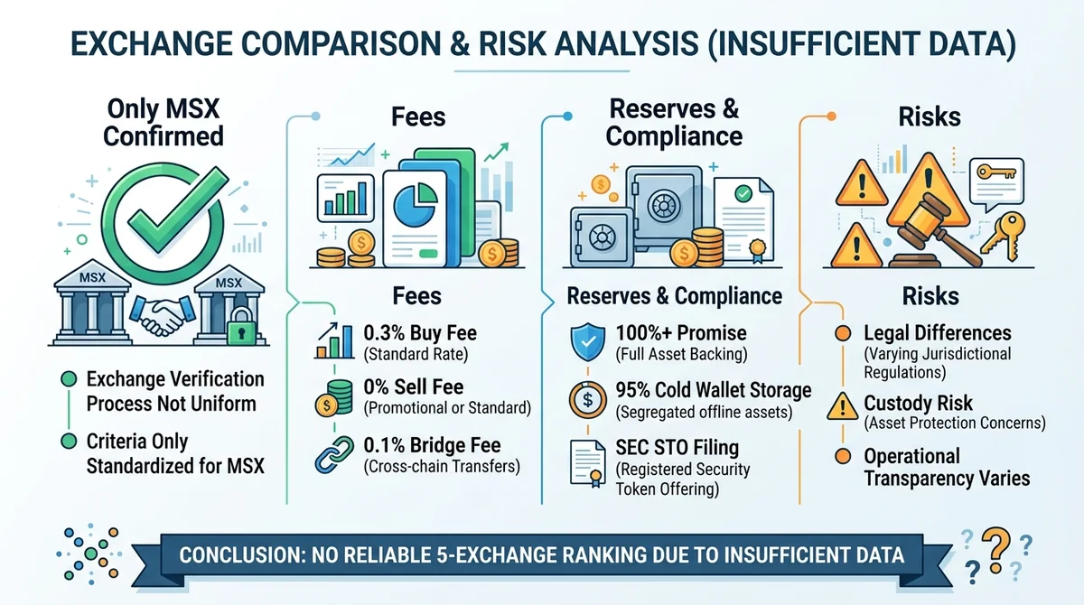 Wide 16:9 horizontal infographic, main sections: 'Only MSX Confirmed' with check mark, 'Fees' with 0.3% buy / 0% sell / 0.1%