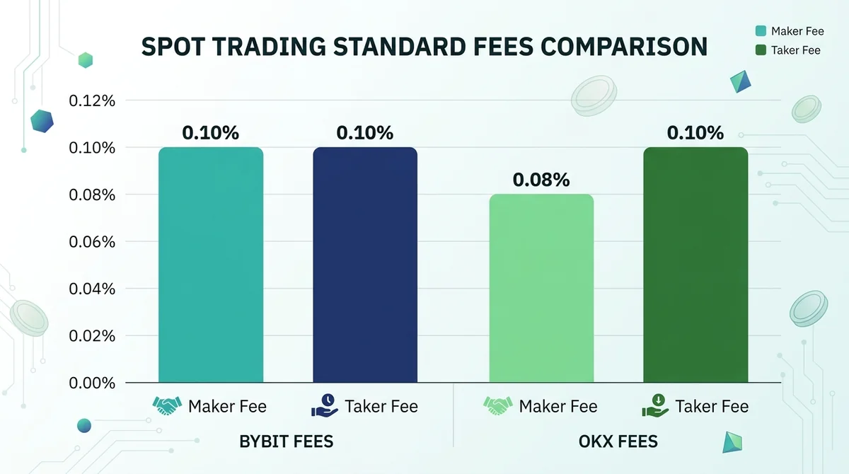 Bar chart comparing Bybit and OKX spot trading maker and taker standard fees with exact percentages