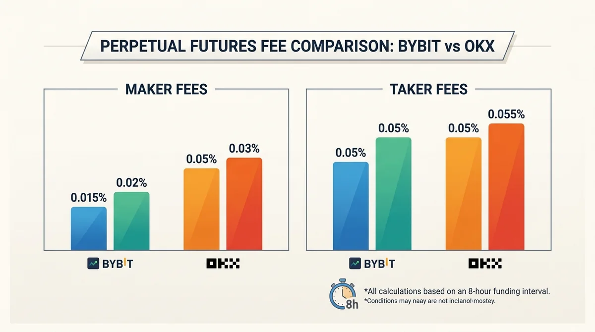 Bar chart comparing Bybit and OKX perpetual futures maker and taker fees, with 8-hour funding interval note