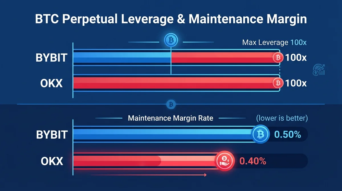 Wide 16:9 horizontal infographic with two sections: top section shows 'Max Leverage 100x' for both Bybit and OKX with equal b