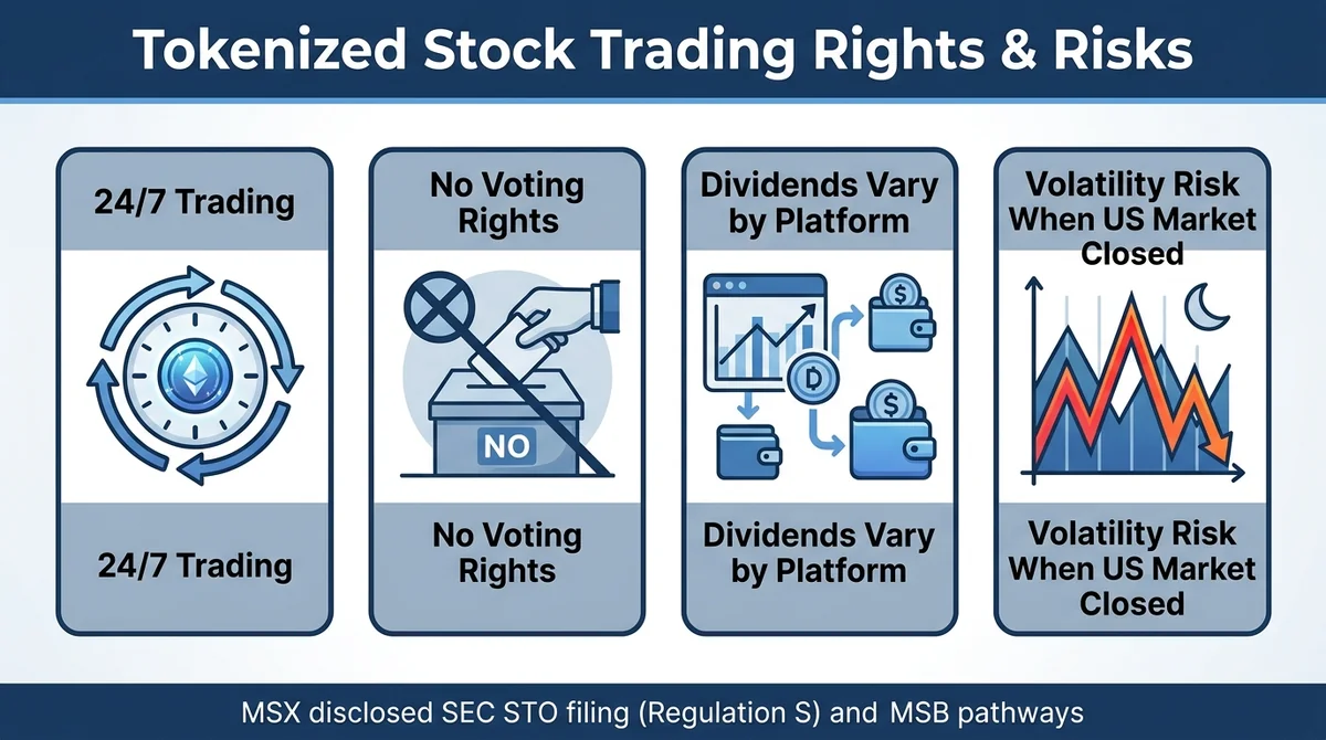 Wide 16:9 horizontal infographic, bold English title 'Tokenized Stock Trading Rights & Risks', four icon boxes: '24/7 Trading