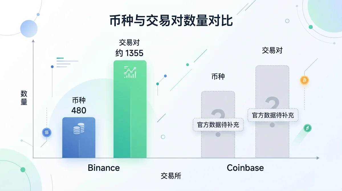 币种与交易对数量对比柱状图，展示 Binance 支持 480 种币和约 1355 个交易对，Coinbase 标注官方数据待补充。