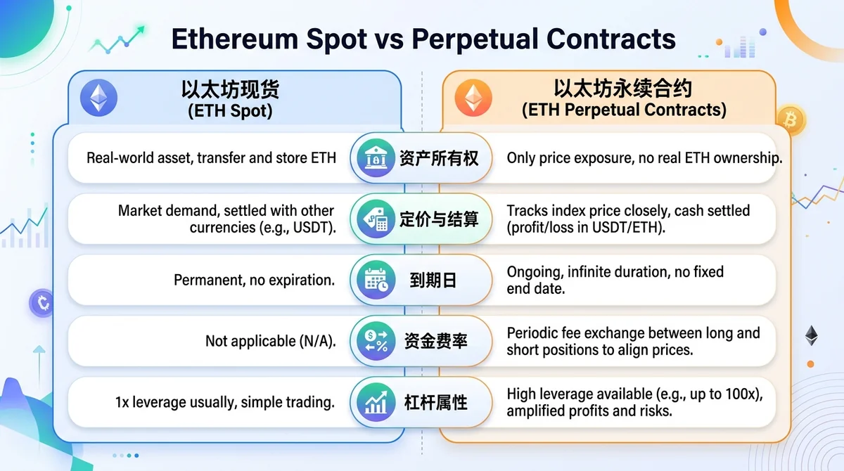 以太坊现货与永续合约核心区别对比信息图,左右分栏列出资产所有权、定价结算、到期日、资金费率、杠杆属性等差异