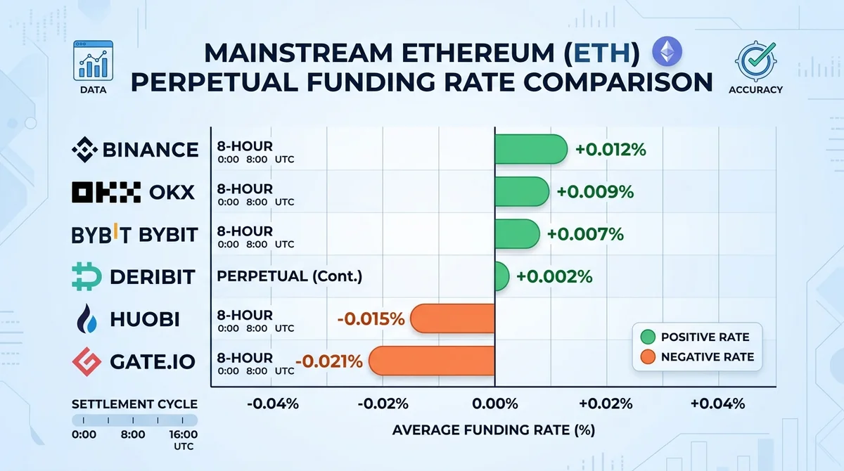 主流交易所以太坊永续资金费率对比柱状图,展示不同交易所资金费率水平,标注结算周期
