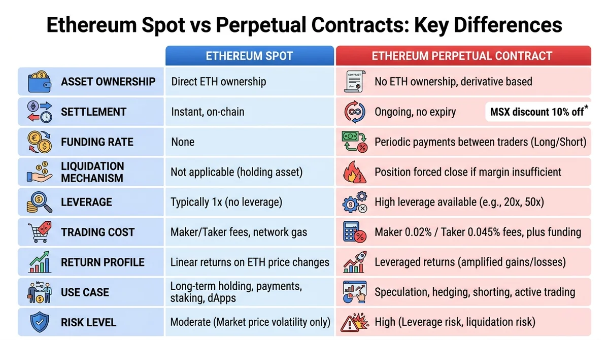 Wide 16:9 horizontal comparison chart, two-column layout comparing Ethereum Spot and Ethereum Perpetual Contract. Rows: asset