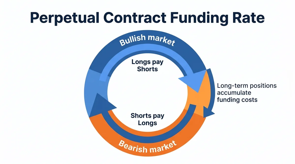 Wide 16:9 horizontal infographic explaining Ethereum perpetual contract funding rate mechanism. Center a large circular flow: