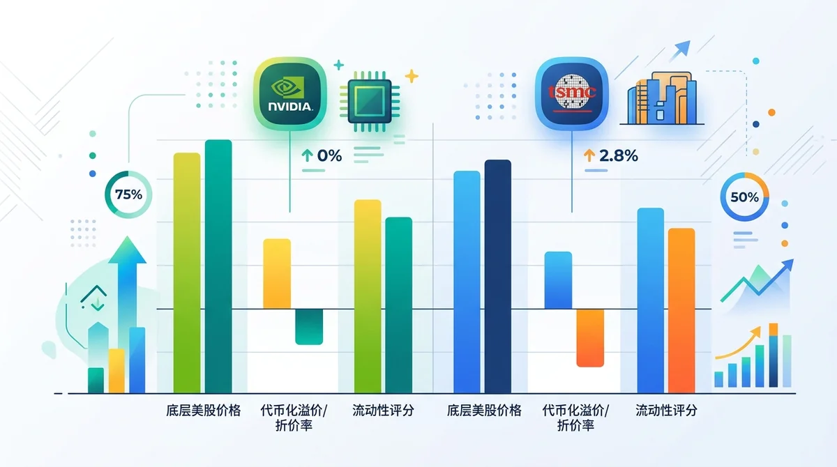 NVDA 与 TSMC 代币化股票估值指标对比图：底层美股价格、代币化溢价/折价率、流动性评分，使用分组柱状图，突出两者差异