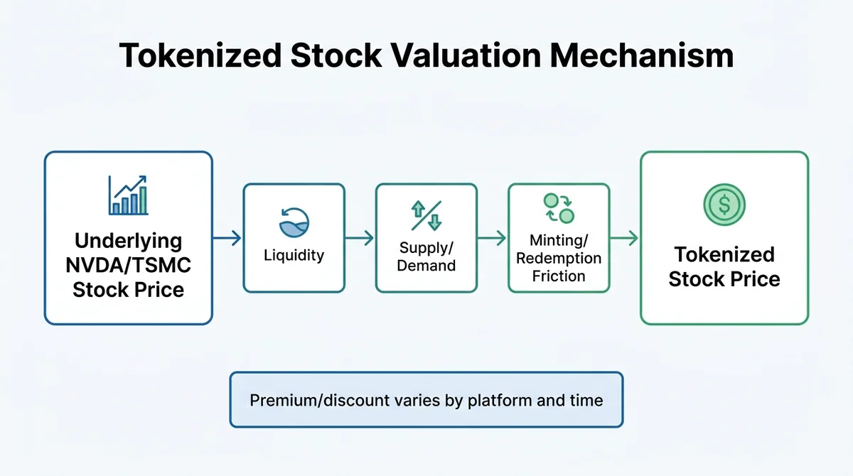 Wide 16:9 horizontal infographic flow diagram, left box labeled 'Underlying NVDA/TSMC Stock Price', right box labeled 'Tokeni