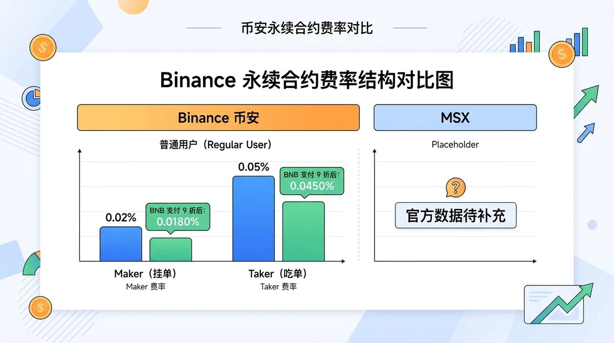 Binance 永续合约费率结构对比图：柱状图展示普通用户 maker/taker 费率（0.02%/0.05%），并用标签标注 BNB 支付 9 折后费率；MSX 一侧标注'官方数据待补充'